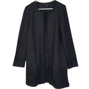 Nanette Lepore Gray 100% Wool Open Front Duster Cardigan Black Embroidered  M